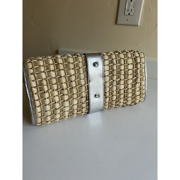 Kate Spade New York Woven Straw Basket Clutch Silver Metallic Leather Trim - Picture 5 of 12